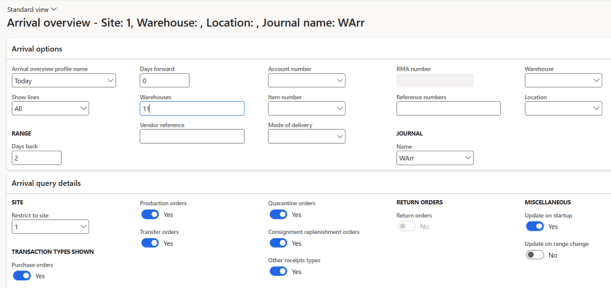 Screenshot of an Arrival overview dashboard with fields for site, warehouse, location, and journal name. Various options for dates, items, vendors, queries, and toggles for settings like transfer and quarantine orders are shown.
