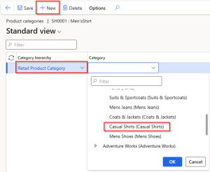 A software interface displays product category options. The user selects Retail Product Category and chooses Casual Shirts from a dropdown list after clicking the + New button at the top.
