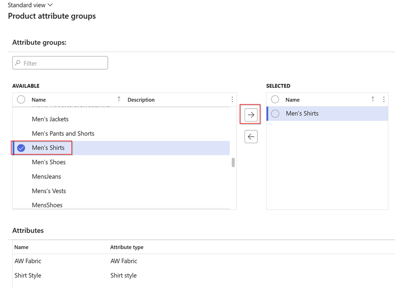 A Product attribute groups interface shows “Men’s Shirts” selected from a list of available groups and moved to the selected column using a right arrow button. Attributes for “Men’s Shirts” appear below.