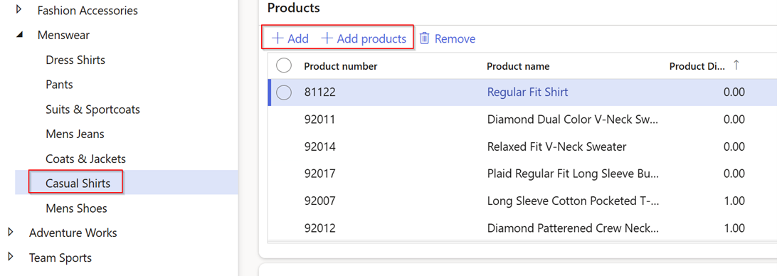 A screenshot shows a product management interface with the Casual Shirts category selected. The main panel lists products with details and has + Add and + Add products buttons highlighted at the top.