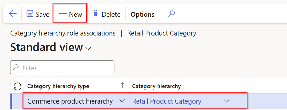 Screenshot of a software interface showing options to save, create new, or delete. The view is titled Category hierarchy role associations | Retail Product Category with dropdowns for category hierarchy types.