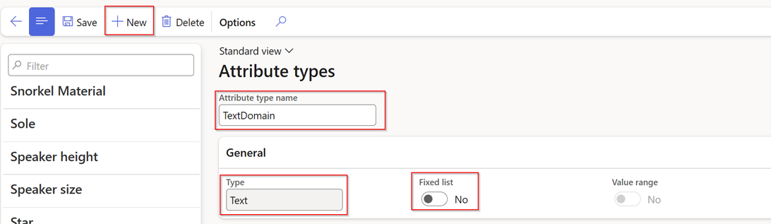 A software interface shows an Attribute types page with TextDomain as the attribute type name, Text as the type, and the Fixed list option set to No. The New button is highlighted in the toolbar.