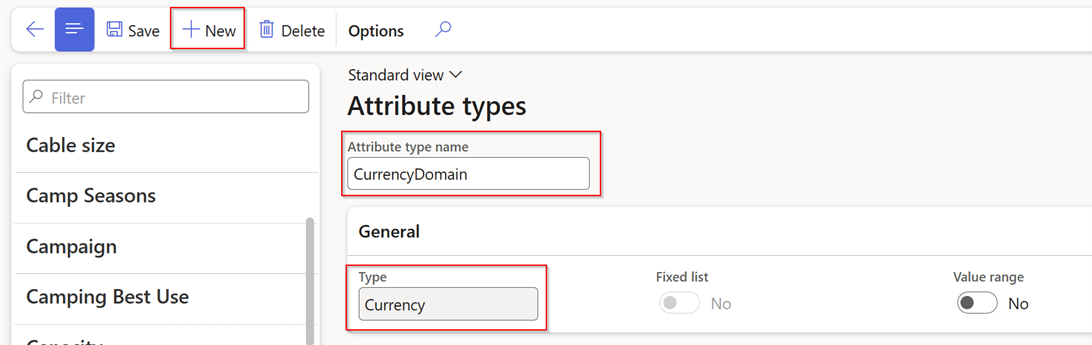 A software interface shows the Attribute types page. The Attribute type name field displays CurrencyDomain and the Type field displays Currency. The + New button is highlighted at the top.
