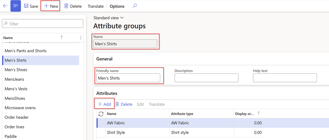 A software interface displays the “Attribute groups” section for “Men’s Shirts.” Buttons for Save, New, Delete, and Translate are at the top, with highlighted boxes around New, Name, Friendly name, and Add.
