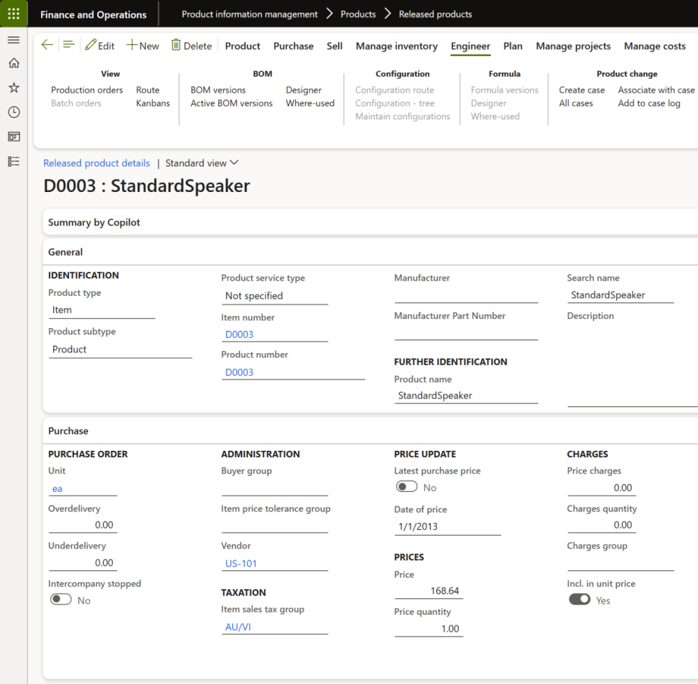 A software interface displays details for a released product called D0003: StandardSpeaker.