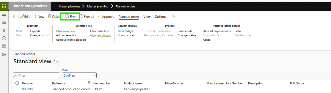 Screenshot of the Planned orders page in a finance and operations software. The Firm button is highlighted in green. The page displays a list of planned production orders and related details.