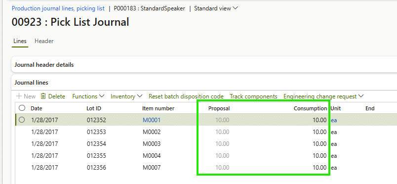 Screenshot of a Pick List Journal in a software interface, showing a table with dates, item numbers, proposal and engineering change request columns, with several rows highlighted in green.