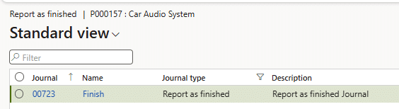 A software interface shows a Report as finished screen for P00157: Car Audio System in Standard view, listing journal 00723 with type and description as Report as finished Journal.