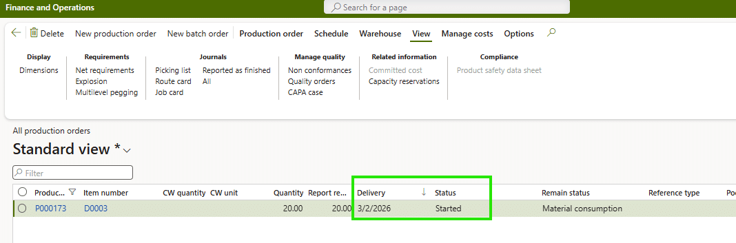 A screenshot of a production order page in a finance and operations system. A highlighted row shows a delivery date of 3/9/2006 and a status of Started for item D0003, quantity 20.00.