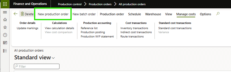 A screenshot of a “Finance and Operations” software interface showing the “Production control” tab. The “New production order” button is highlighted in green. Various menu options are visible, including order details and manage costs.