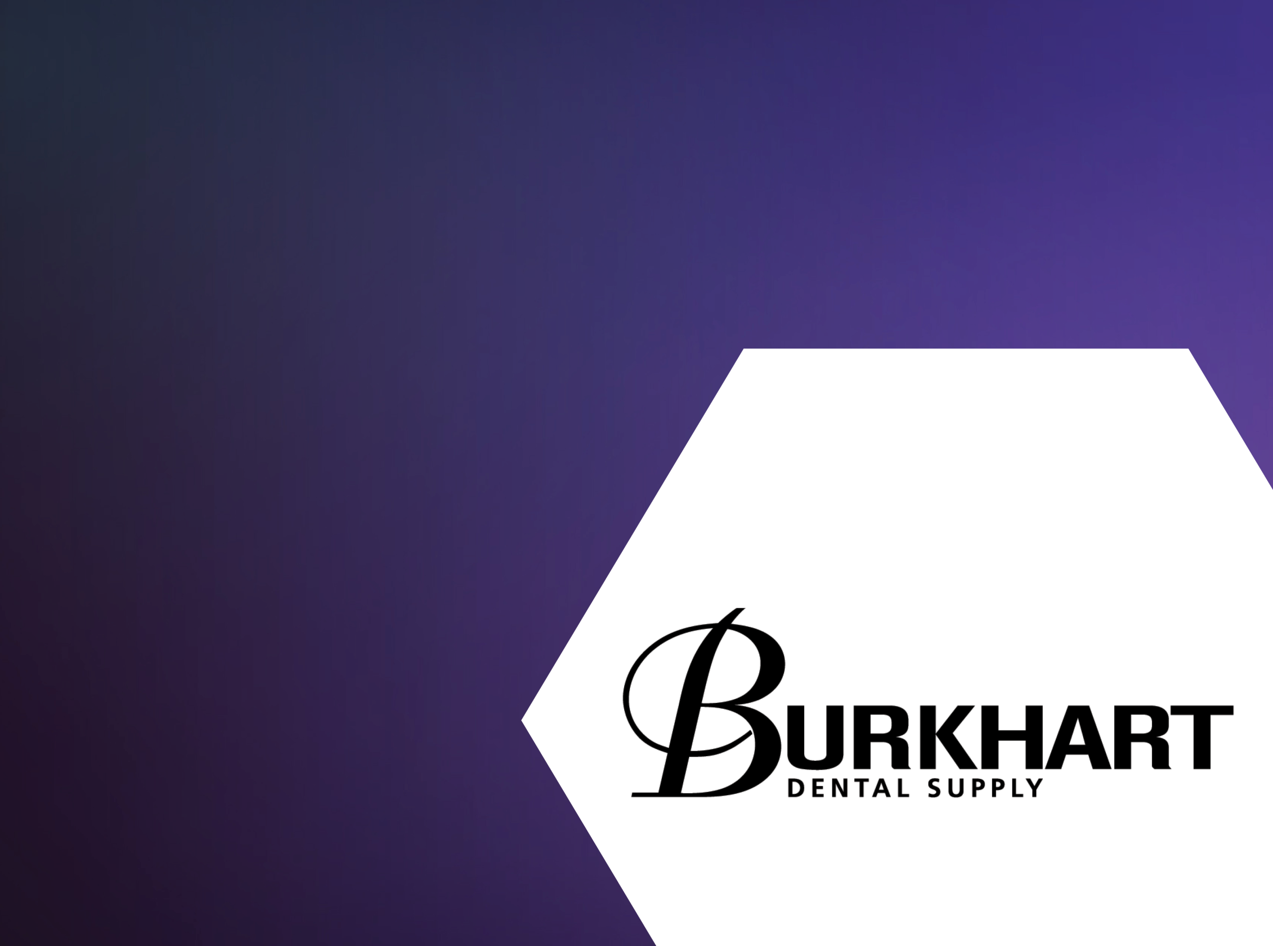 A white hexagon on a purple gradient background displays the black Burkhart Dental Supply logo and name.