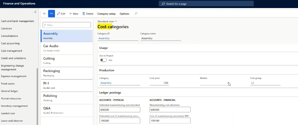 Screenshot of a Finance and Operations software page showing Cost categories details for Assembly, including usage, production cost price, worker, and ledger posting information.
