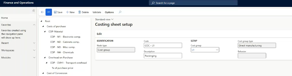 Costing sheet setup screen in Finance and Operations, showing fields for cost group type, code, description, cost group, and behavior, with navigation menu on the left.